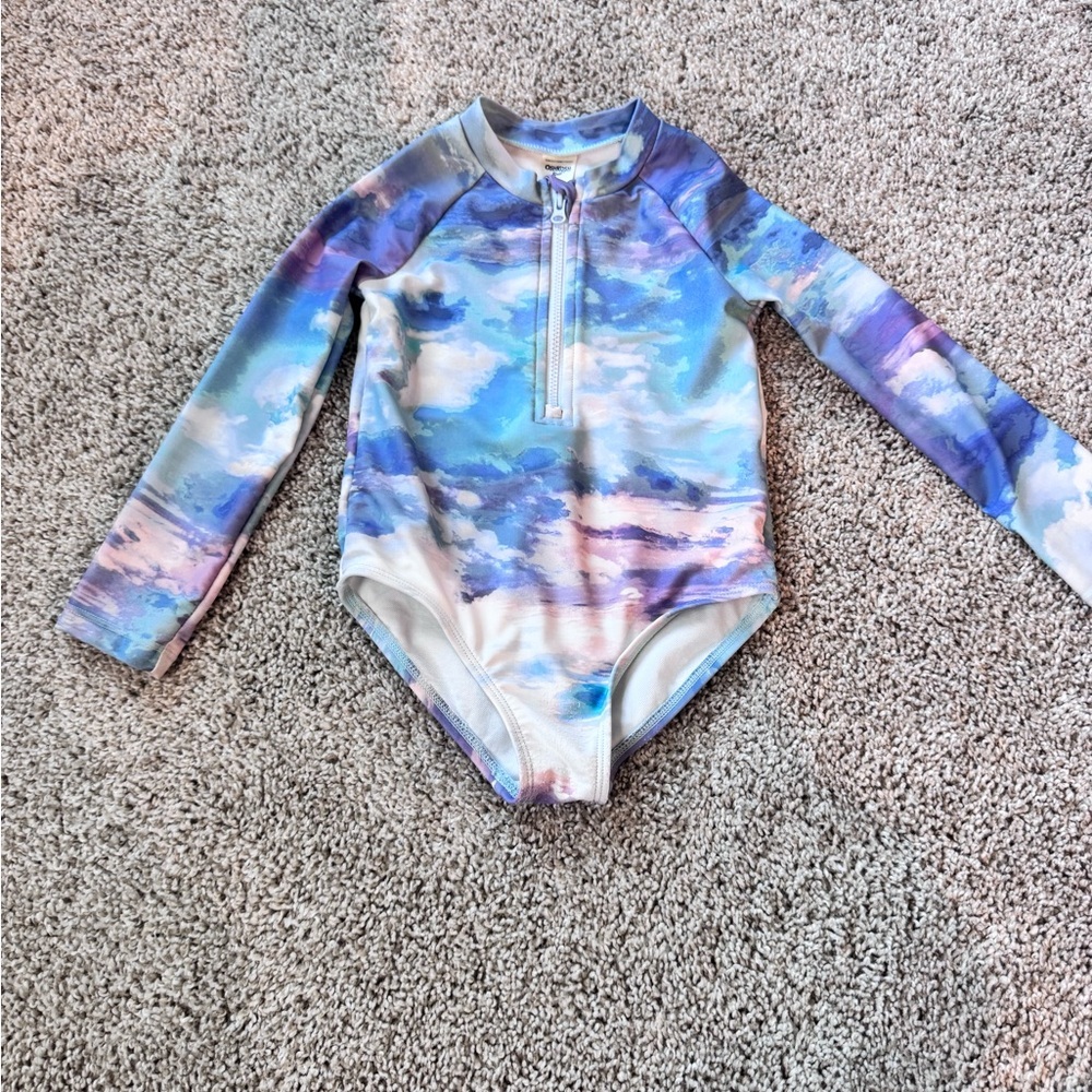 OshKosh Girls Long Sleeve One Piece Swimsuit Size 4 Watercolor Rash Guard - Picture 2 of 4